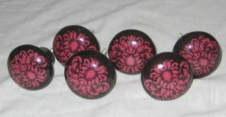 6pc Vintage 2 " Black W/ Pink Abstract Floral Design Ceramic Cabinet Knob Pulls