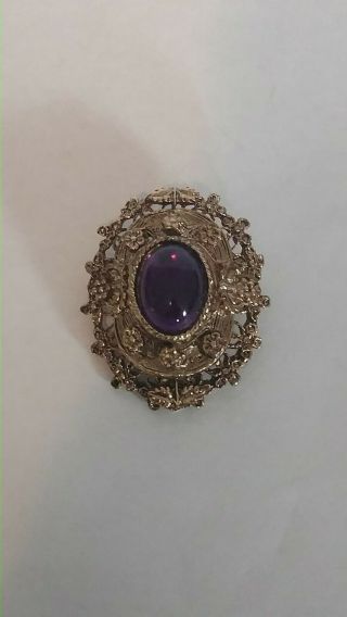 Vintage Victorian Style Purple Amethyst Colored Cabochon Brooch Pin