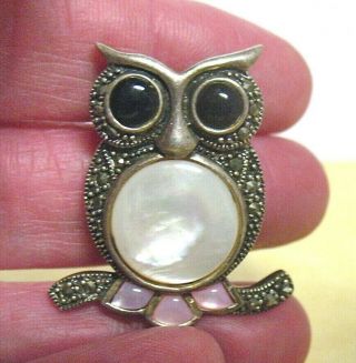 Sterling Silver Marcasite Mother Of Pearl Onyx Pin Owl Vintage 8.  8 Grams