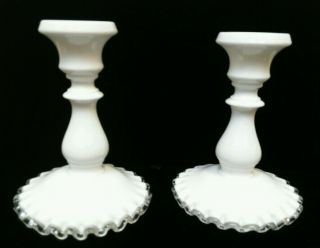 Pair Vintage Fenton Silver Crest White Milk Glass Candle Sticks Holders