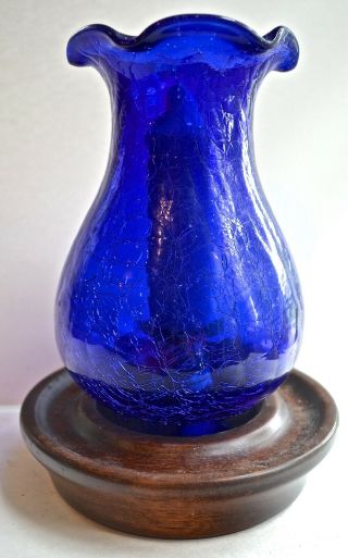 Vintage Cobalt Blue Crackle Glass Candle Holder With Wooden Base