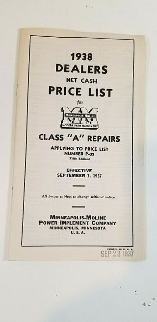 Vintage 1938 Minneapolis Moline Tractor Farm Machinery Price List Catalogs 2