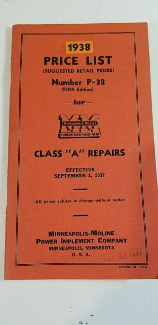 Vintage 1938 Minneapolis Moline Tractor Farm Machinery Price List Catalogs 5
