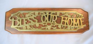 Vintage Bless Our Home Brass Toned Metal On Wood Plaque Wall Decoration 17x5.  25
