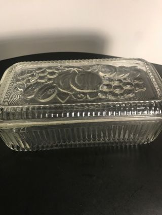 Federal Glass Vintage Clear Glass Refrigerator Dish Box With Embossed Fruit Lid