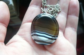 Vintage Scottish Banded Agate Pendant And Silver Chain