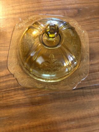 Federal Madrid Pattern Depression Glass Covered Butter Dish Amber Yellow Vintage