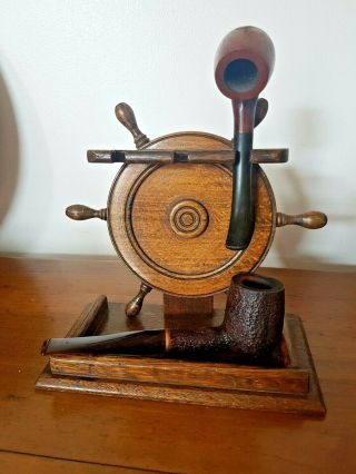 Lovely Vintage Oak Ships Wheel Pipe Rack/holder For Three Pipes