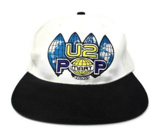 Vintage 90s U2 Pop Mart Tour Baseball Hat Dad Cap Strap Back Merch Off - White