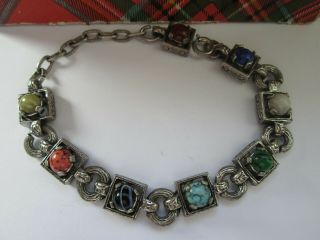 Vintage Signed Miracle Scottish Celtic Agate Glass Silver Panel Link Bracelet