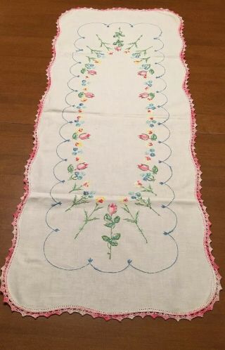 Vintage Embroidered Dresser Scarf/table Runner White Cotton Linen Floral