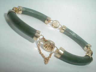 Vintage Chinese Gold Symbol Sinach Green Jade Carved Link Bracelet