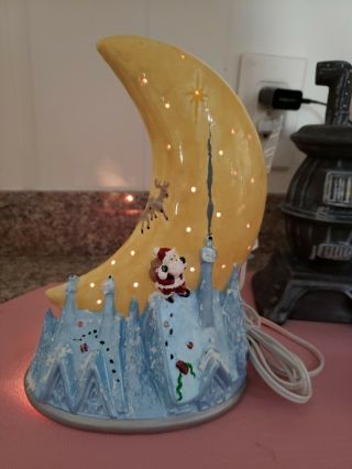 Vintage Ceramic Christmas Eve Santa Flying Over The Moon Houses Decoration/lamp