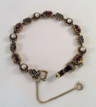Vintage Art Gold Tone Bracelet Faux Pearl/turquoise Purple Rhinestone W/safety