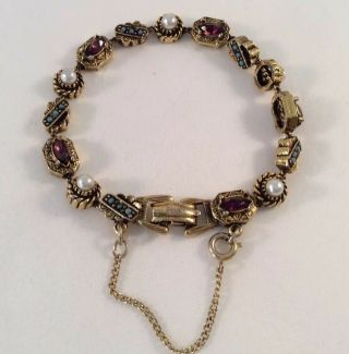 Vintage ART Gold Tone Bracelet Faux Pearl/Turquoise Purple Rhinestone W/Safety 4