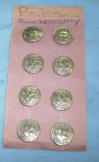 Vintage Set Of 8 Pewter Buttons From Norway - Flower Design