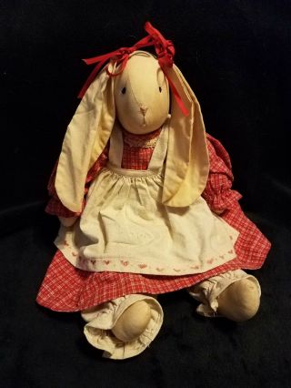 Vtg Country Primitive Bunny Rabbit Plush Fabric Handmade Decorative Red Dress