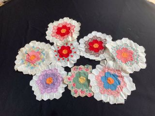 Set Of 8 Vintage Hand Pieced Grandma’s Flower Garden Pattern Quilt Blocks