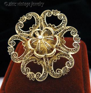 Vintage Portuguese Fine Silver Gold Filigree Lace Flower Floral Dome Pin Brooch