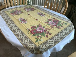 Vintage Tablecloth - Bright Pink Flowers On Yellow - 54x40 "