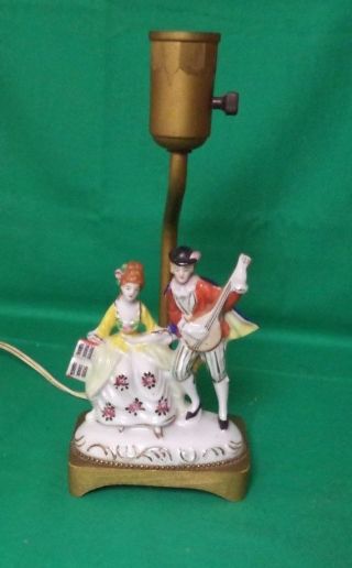 Vintage Bedside Lamp With Porcelain Victorian Couple On Wooden Base - -