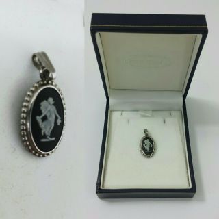 Vintage 1970s Black Wedgewood Jasperwear Pendant Art Deco Necklace Silver Signed