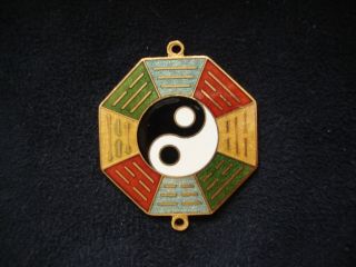Vintage Chinese Cloisonne Large Multi Color Enamel Yin Yang Ba Gua Pendant