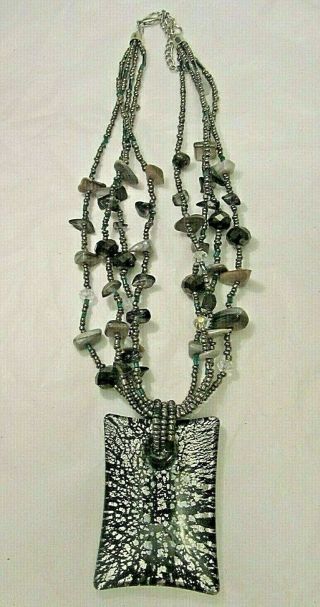 Vtg Cj Necklace Multi Strand W/ Stone Black Bead Crystal & Black Glass Pendant