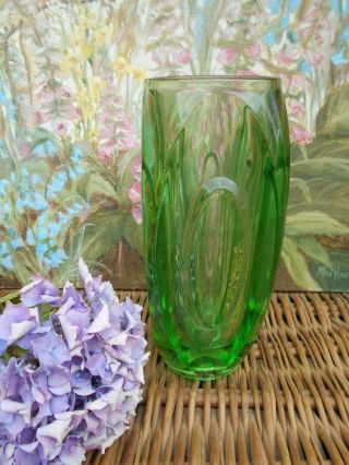 Large Green Bullet/lens Mid Century Vintage Sklo Union Czech Glass Vase Retro.
