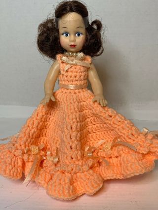 Vintage 10” Doll Cover For Toilet Paper With Hand Made Crochet Peach Dress