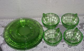 4 Vintage Depression Glass Cups/saucers/salad Plates Anchor Hocking Block Optic