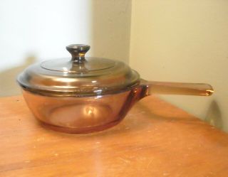 Vintage Corning Vision 0.  5 L Amber Saucepan With Lid