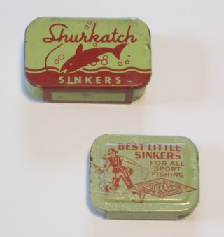 Two Small Vintage Empty Tin Fishing Sinker Boxes - Shurkatch & Horrocks - Ibbotson