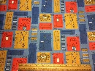 Vintage Cotton Fabric 60s 70s Cute Skiing Skis Winter Novelty 44w 1yd