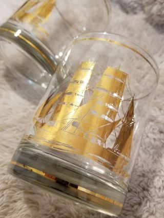 Vintage Mcm 22k Culver Gold Clipper Ship Bar Captains Rocks Glasses Set Of 2