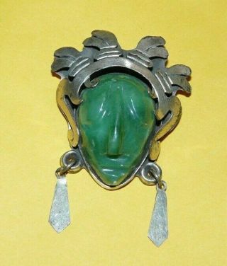 Vtg " Taxco Mexico " Sterling Silver " 925 " Carved Agate " Face " Pin Pendant Signed