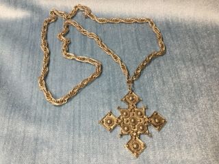 Vintage Antique 1960’s Large Gold Tone Gothic Revival Cross Style Necklace