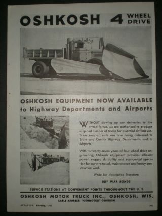 1945 4wd Snowplow Vintage Oshkosh Motor Truck Trade Print Ad