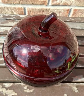 Vintage 7.  25” Anchor Hocking Red Glass Apple Shaped Canister Cookie Jar w/ Lid 2