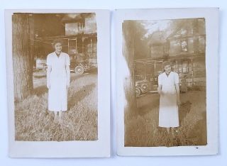 2 Snapshot Photographs Woman Standing Outside Car House In Background Vintage