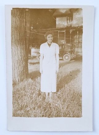 2 Snapshot Photographs Woman Standing Outside Car House in Background Vintage 2