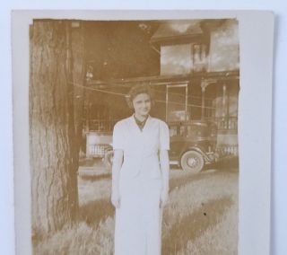 2 Snapshot Photographs Woman Standing Outside Car House in Background Vintage 3