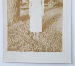 2 Snapshot Photographs Woman Standing Outside Car House in Background Vintage 4
