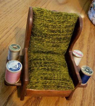 Vintage Handmade Wood Rocking Chair Pin Cushion With 4 Wood Thread Spools.  Euc