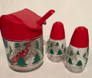 Vintage Gemco Christmas Shakers And Sugar Bowl With Spoon Set Of 3