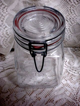 Vintage Square Glass Made Italy 1/2 Pound Tea Canister Jar Wire Bail Lock Lid