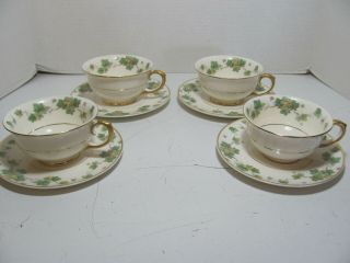 Vintage Pope Gosser China American Ivy Set Of 4 Cups & Saucers