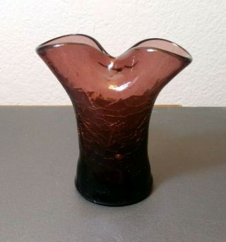 Vintage Blenko Art Glass Amethyst Purple Pinched Crackle Glass Vase Very Good