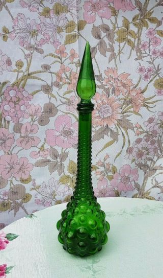 Vintage Mid - Century 1960s Genie Bottle Decanter Green Bubble With Stopper 49cm