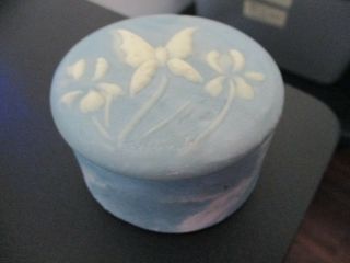 Vintage 1970s Blue Marbeled Incolay Round Soapstone Trinket Box Signed R Nemith